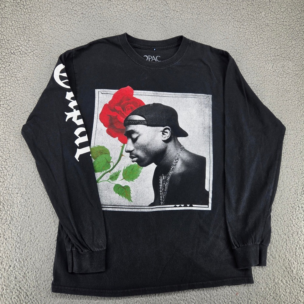 2Pac Shakur Long Sleeve Graphic Tee Shirt Mens Medium Black Rose Hip Hop Rap